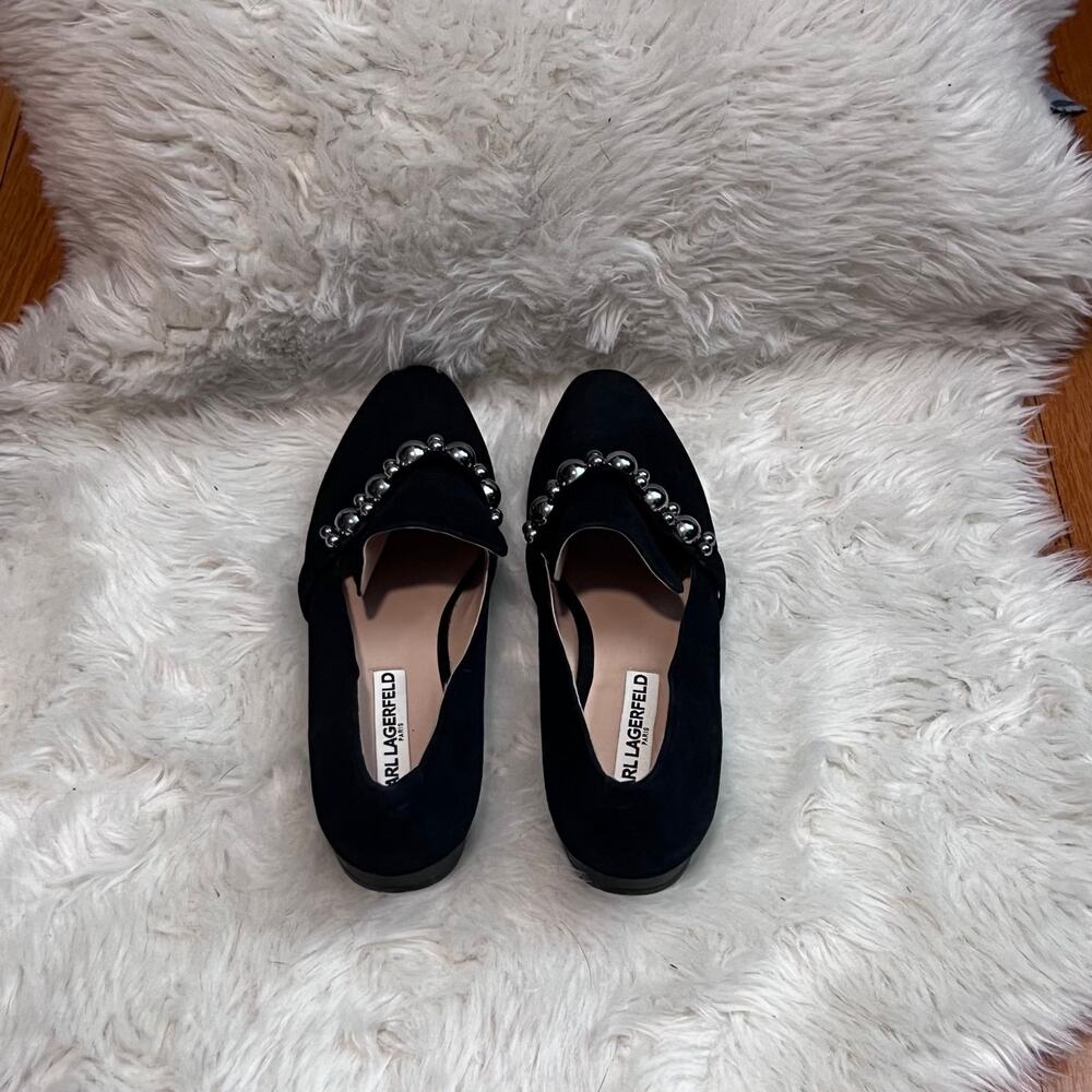 Karl Lagerfeld Paris Black Suede Pearl Embellished Loafers | Flats Size 7 - Picture 4 of 5